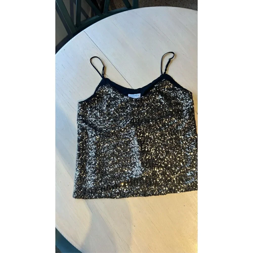 Carmen Marc Valvo Black Gold Sequin Spaghetti Strap Camisole Blouse SZ S (4/6) - Picture 3 of 9